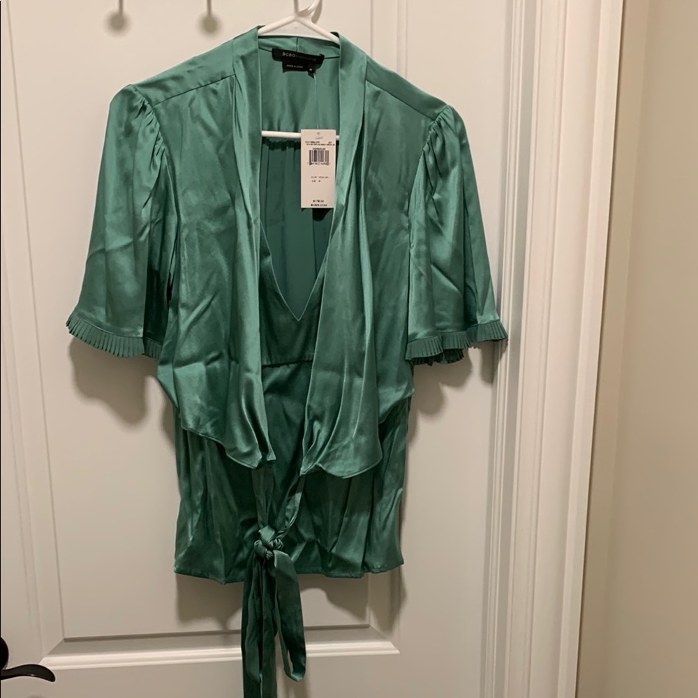 BCBGMAXAZRIA Teal Satin Wrap Top